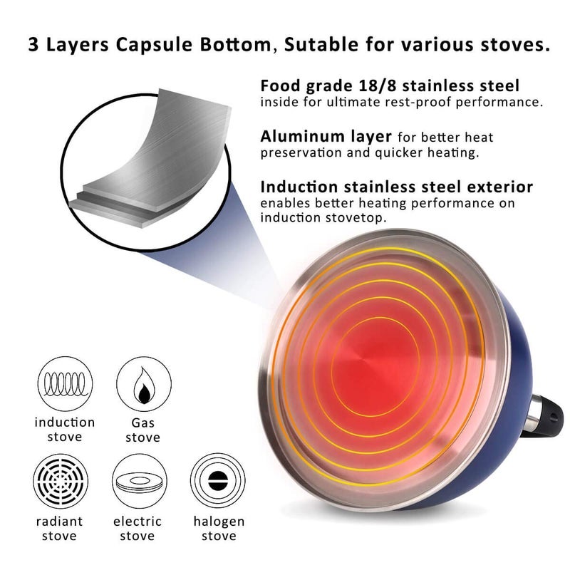 Rorence Stainless Steel Tea Kettle: 2.6 Quart Whistling Kettle with Capsule Bottom & Heat-resistant Glass Lid â€“ Navy Blue - Image 3